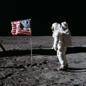 Apollo 11 astronaut Buzz Aldrin salutes the American flag planted on the moon in July of 1969
