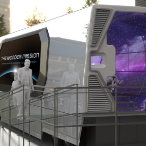 Concept Image: Computer-generate adult male and female child enter The Wonder Mission exhibit bus.