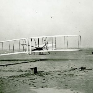 The Wright Flyer takes off on December 17, 1903, near Kitty Hawk, North Carolina.