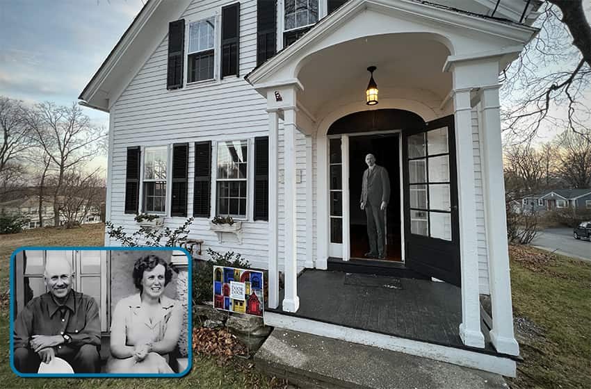 Composite image featuring a picture of Robert Goddard's home with an overlayed image of Robert Goddard and his wife Esther.